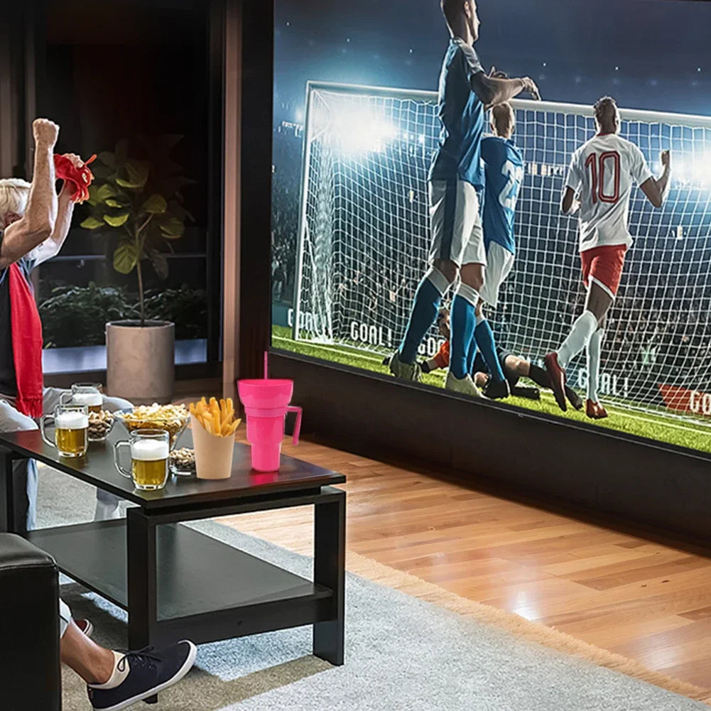 1000ml Portable Snack Container Multifunction Stadium Tumbler Popcorn Beverage Cup with Straw & Handle for Cinema Home Travel