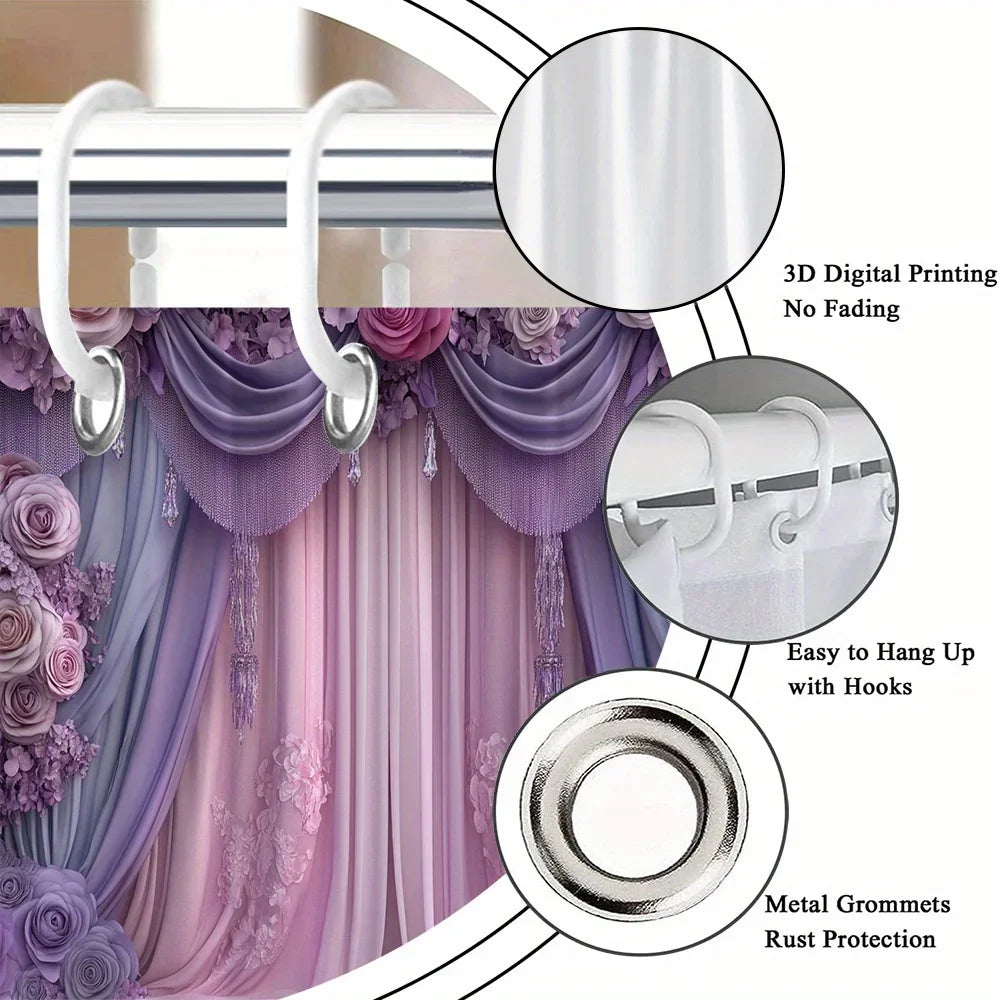 Victorian Lavender & Pink Floral Shower Curtain - Crystal Pendants, Elegant Luxury Polyester,   12 Hooks, Elegant Bath Decor