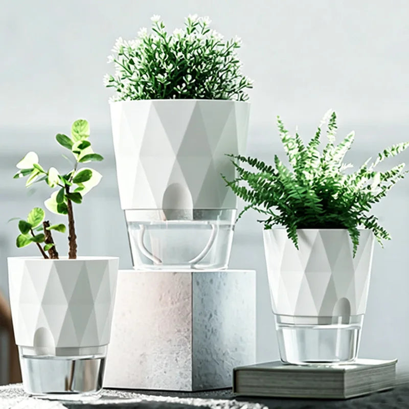 Self Watering Planter Diamond Lazy Flower Pot Transparent Double Layer Plastic Plant Pot for Indoor Plants