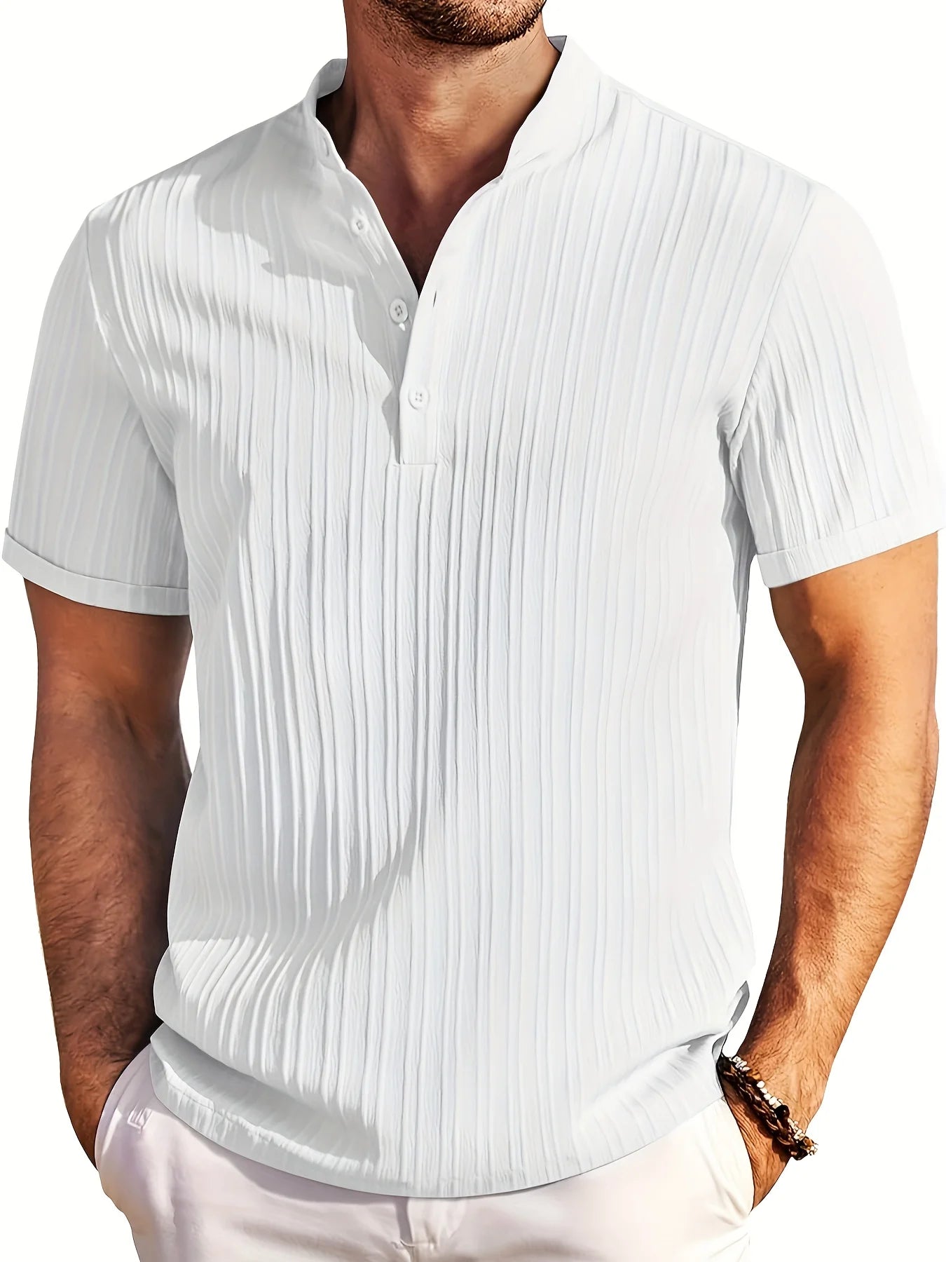 Hawaiian Men's Retro Cotton And Linen Henry Shirt Casual Loose With Sporty Stand-up Collar Buttons 2026 New Men's Casual Shirt
