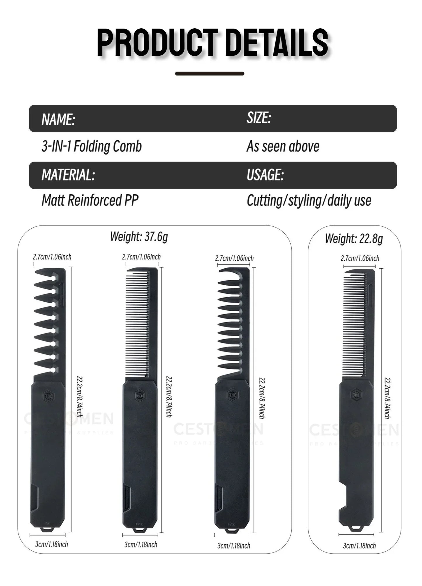 Professional 3 in 1 Pocket Folding Combs Wide Tooth Oil Head Comb Beard Combing Barber Hair Clipper Comb Salon Hair Styling Tool