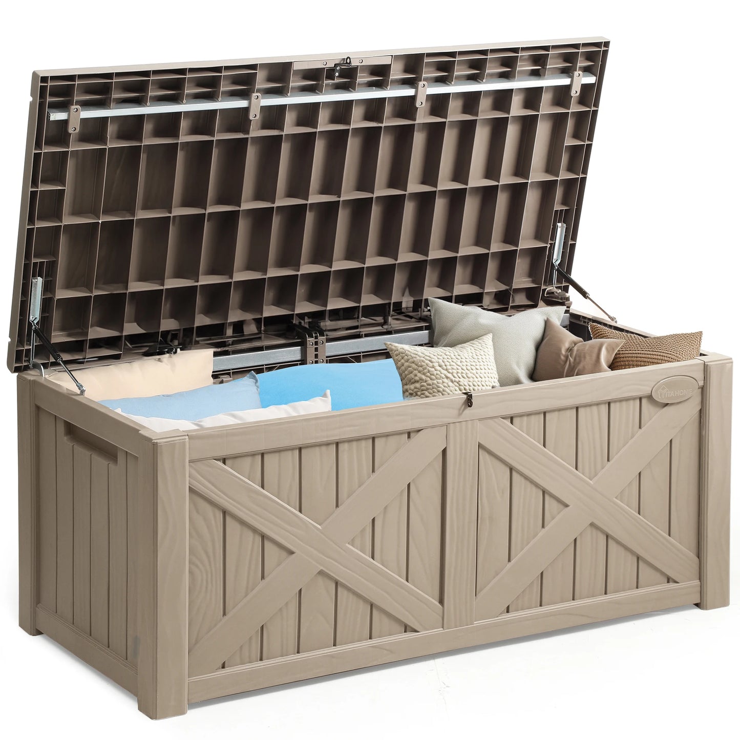 450L X-Front Resin Deck Box, Waterproof Lockable Outdoor Storage Bench for Patio Cushions & Garden Tools