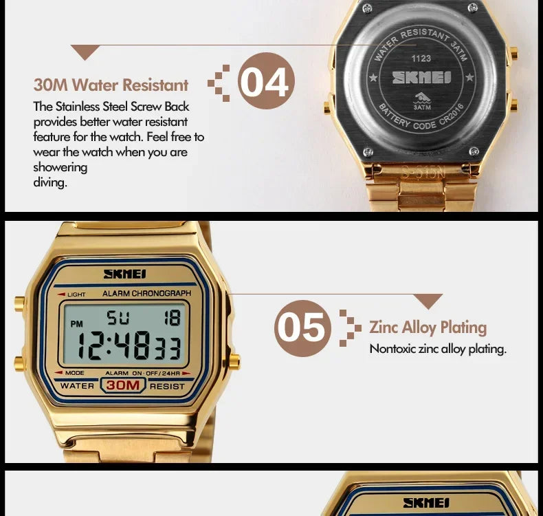 Skmei Fashion Men Stainless Steel Strap LED Display 3Bar Waterproof Digital Watch Reloj Hombre For Casual 1123 Sport Watches