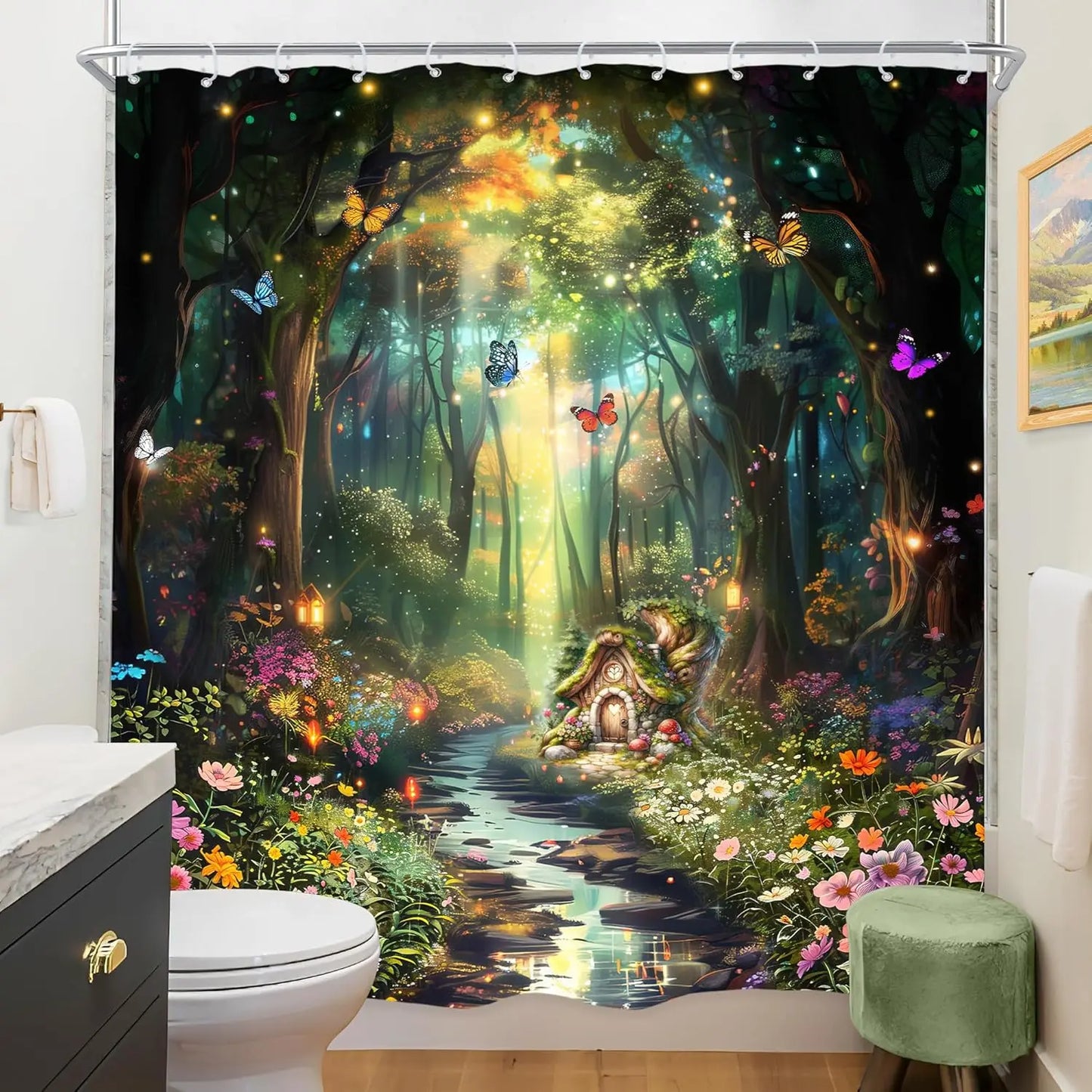 Fantasy Shower Curtain Fairy Beautiful Wonderland Woodland Tree Wildflower Floral Garden Butterfly Plant Tale Nature Bathroom