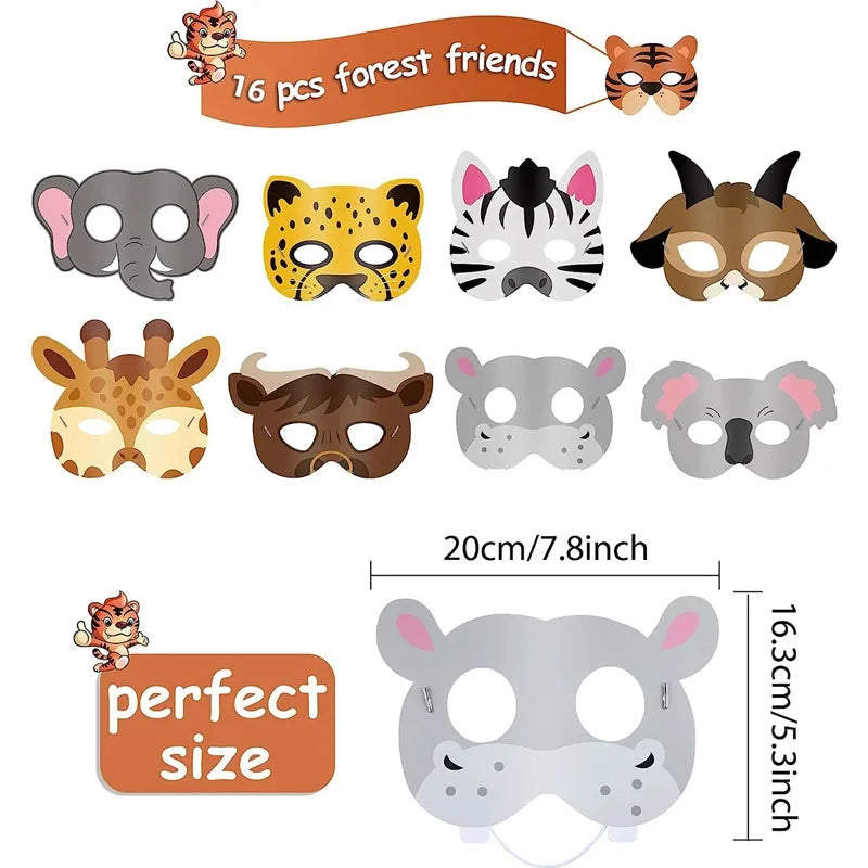 16PCS Jungle Animal MaskCosplay Cartoon Animals Paper Party Masks Jungle Safari Theme Birthday Party Decor Game Dress Sasquerade