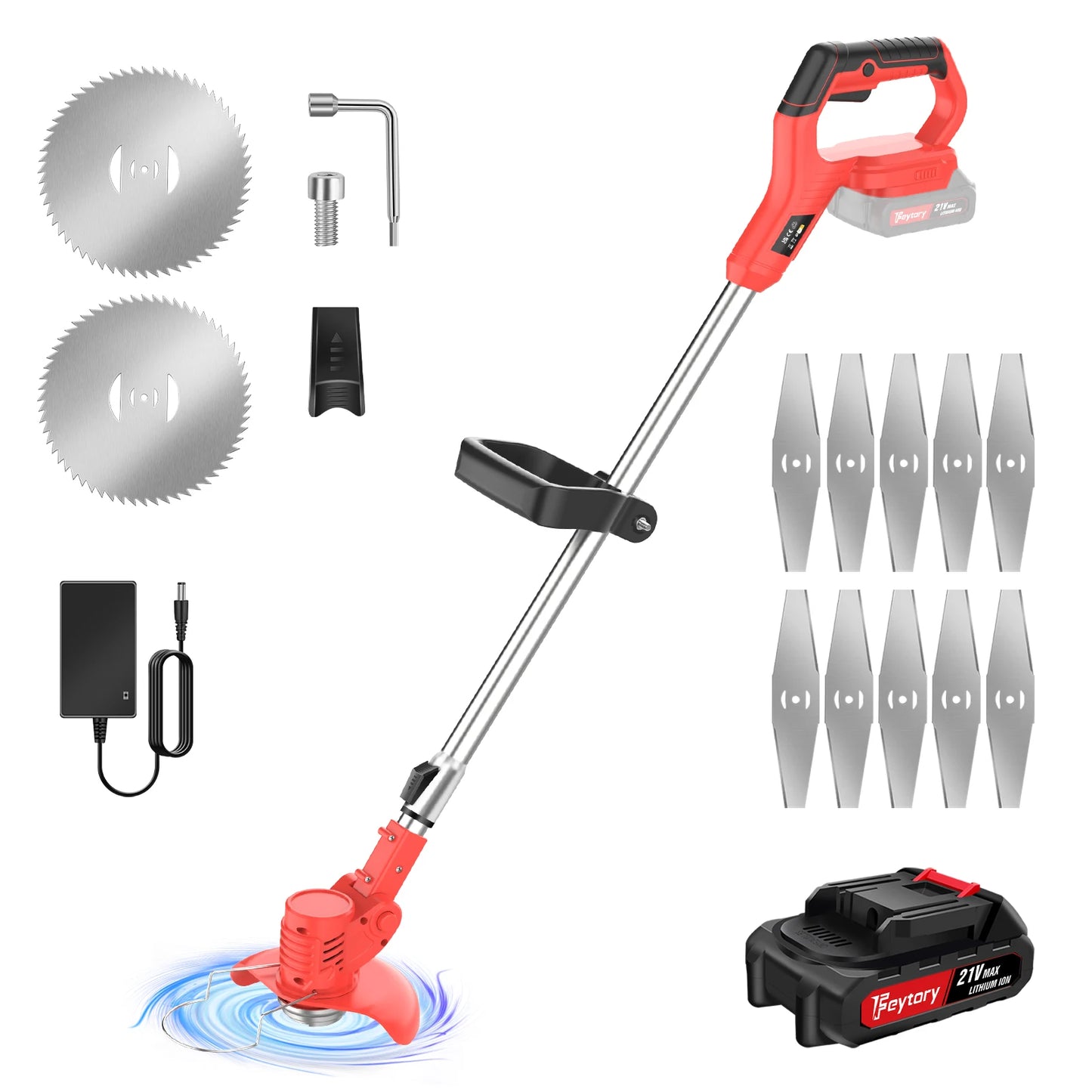 21V Cordless Weed Wacker 3 in 1 Rechargeable Weed Wacker Electric for Lawn Garden Yard,With Battery,Red