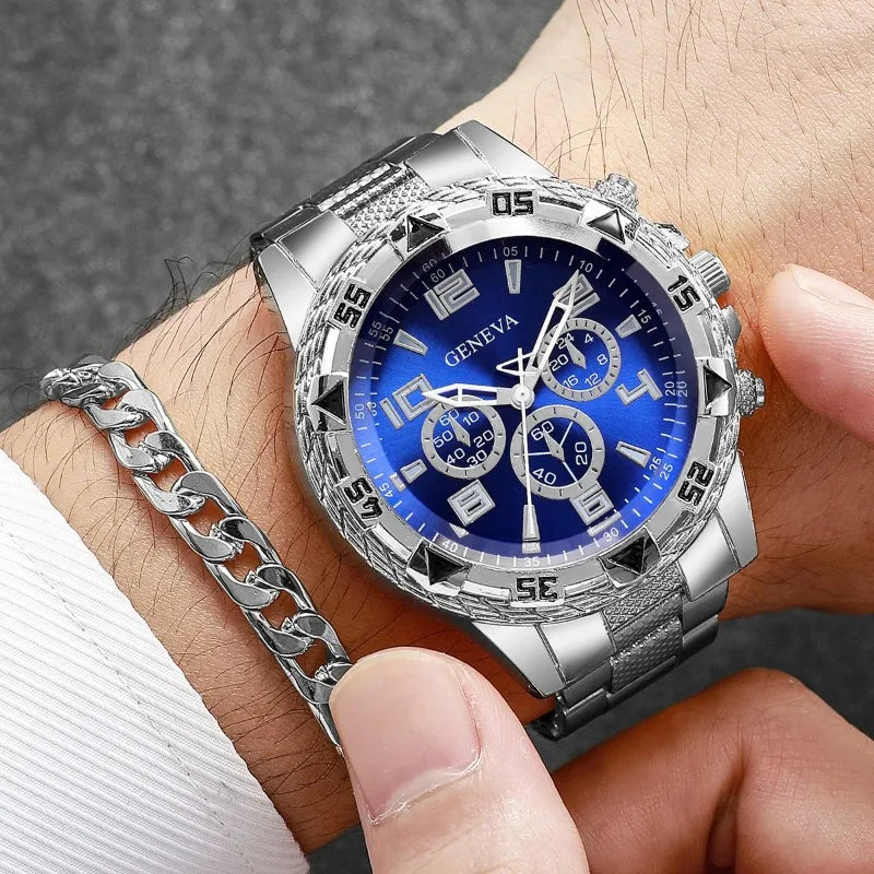 4PCS Fashion Arabic Dial Men Business Watches Bracelet Necklaces Set Luxury Mens Quartz Wristwatch Reloj Hombre（Without Box）