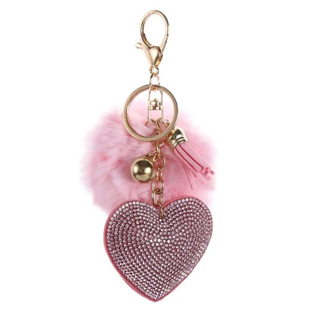 Fashion for Women's Bags Girls Ornaments Packaging Decoration Pompom Keychains Rhinestone Heart Bag Pendant Rhinestone Keyrings