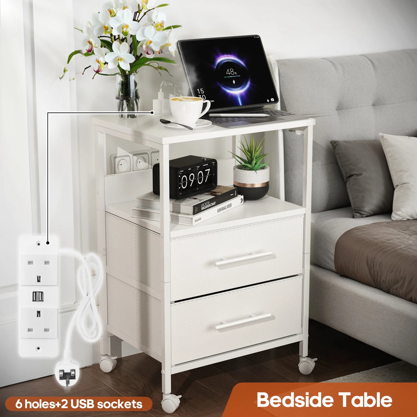 Bedside Table With Charging Station Nightstand With 2 Outlets And 2 USB Ports With 4 Castors