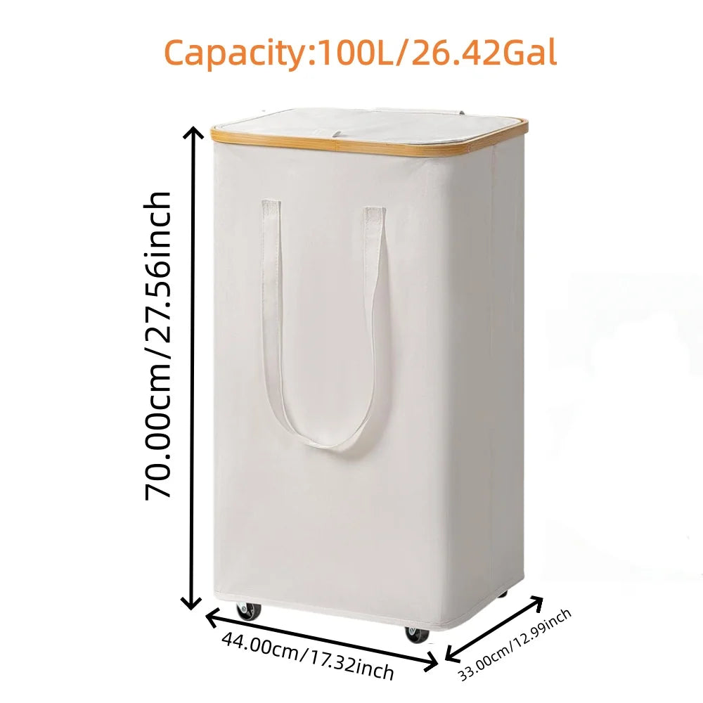 (60L/100L )Large Capacity Foldable Laundry Basket (60L/100L), Rectangular Dirty Clothes Hamper with Wheels, Detachable Liner