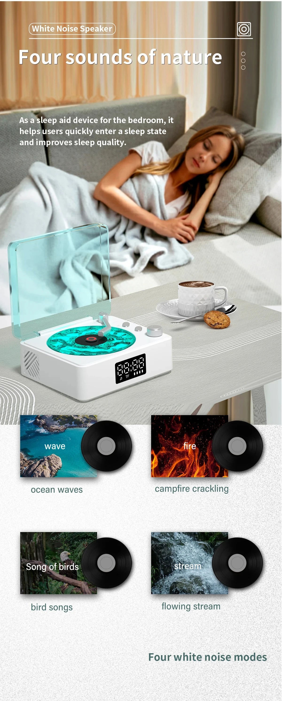 Waves Vinyl Player Bluetooth Speaker with White Noise Retro Turntable Speaker Sleep Aid Vitrola Shaped Speaker with RGB Light
