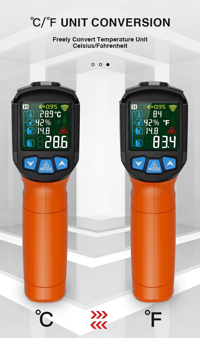 Digital Infrared Thermometer Non-contact Pyrometer Laser Temperature Meter Imager Hygrometer IR Termometro Color LCD Light Alarm