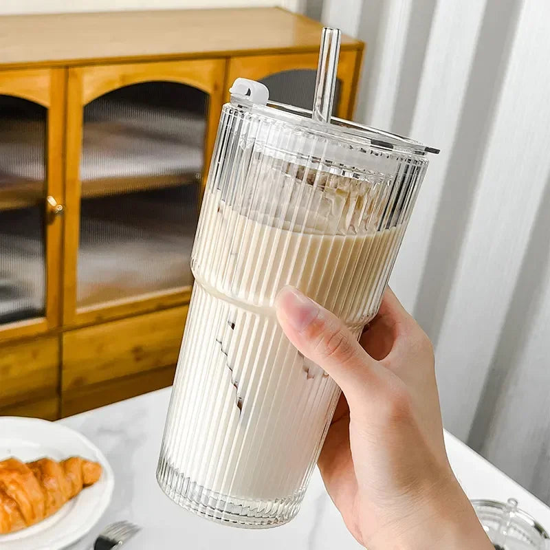 600ML Stripe Glass Coffee Cup with Lid and Straw Transparent Drinking Glasses for Juice Milk Tea Cups Iced Coffee Mugs Drinkware
