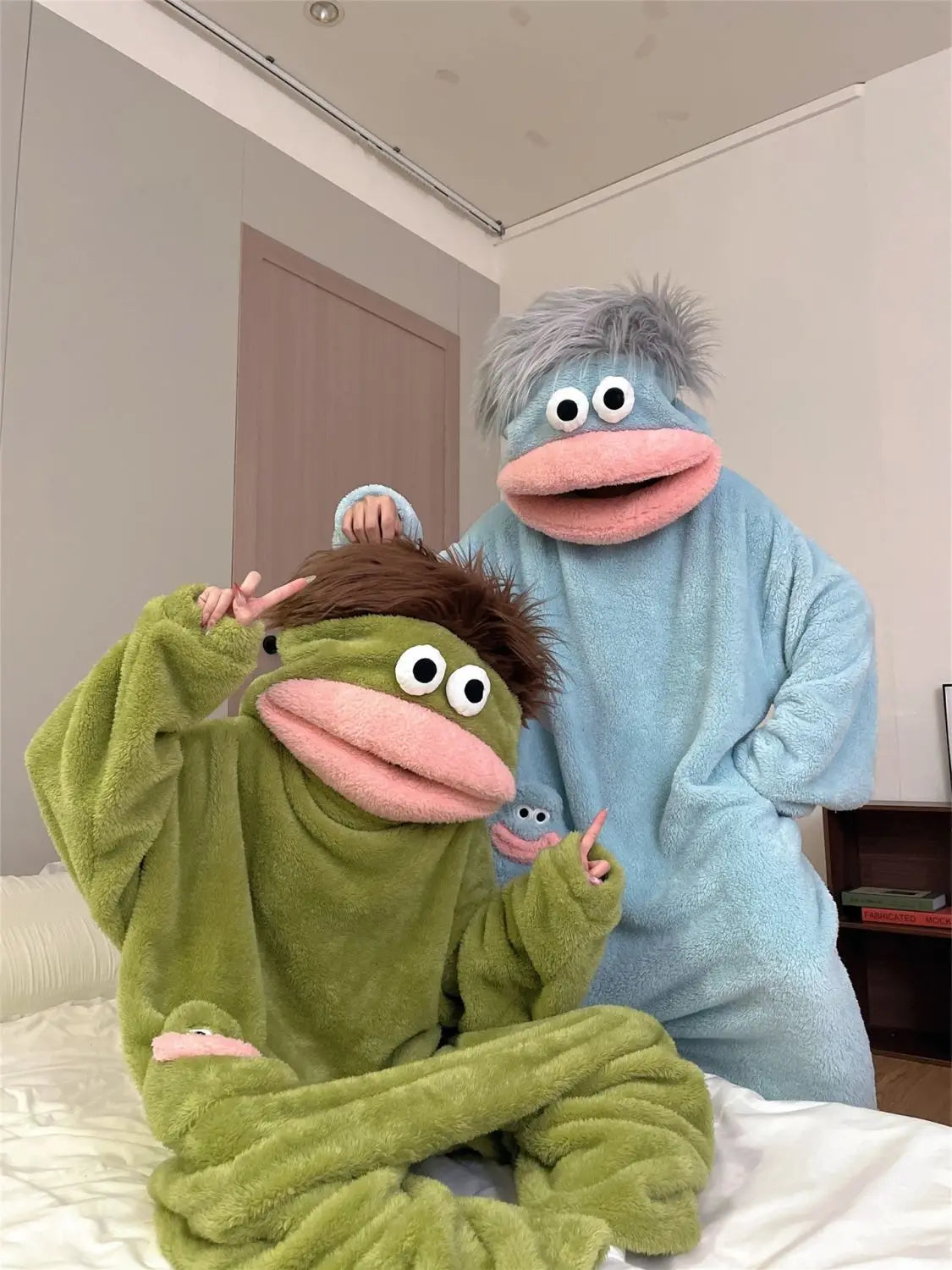 Cartoon Pajamas Autumn Winter Couple Set Wacky Bodysuit Have Hair Big Mouth Monster Hooded Homewear Girl Cute Keep Warm Pajamas