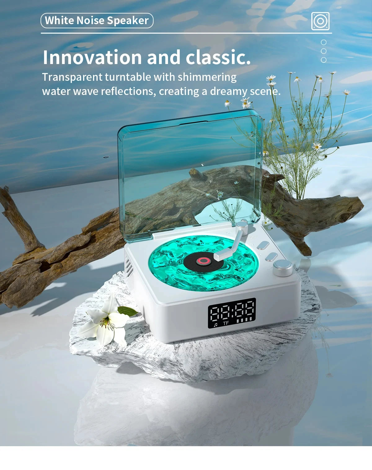 Waves Vinyl Player Bluetooth Speaker with White Noise Retro Turntable Speaker Sleep Aid Vitrola Shaped Speaker with RGB Light