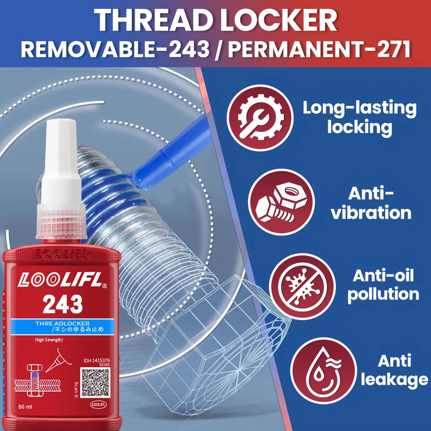 243 271 50ml Threadlocker Anaerobic Glues Anti Loose Screw Glues Fastening Quickly Cured Thread Locking Agent Sealant for Screws