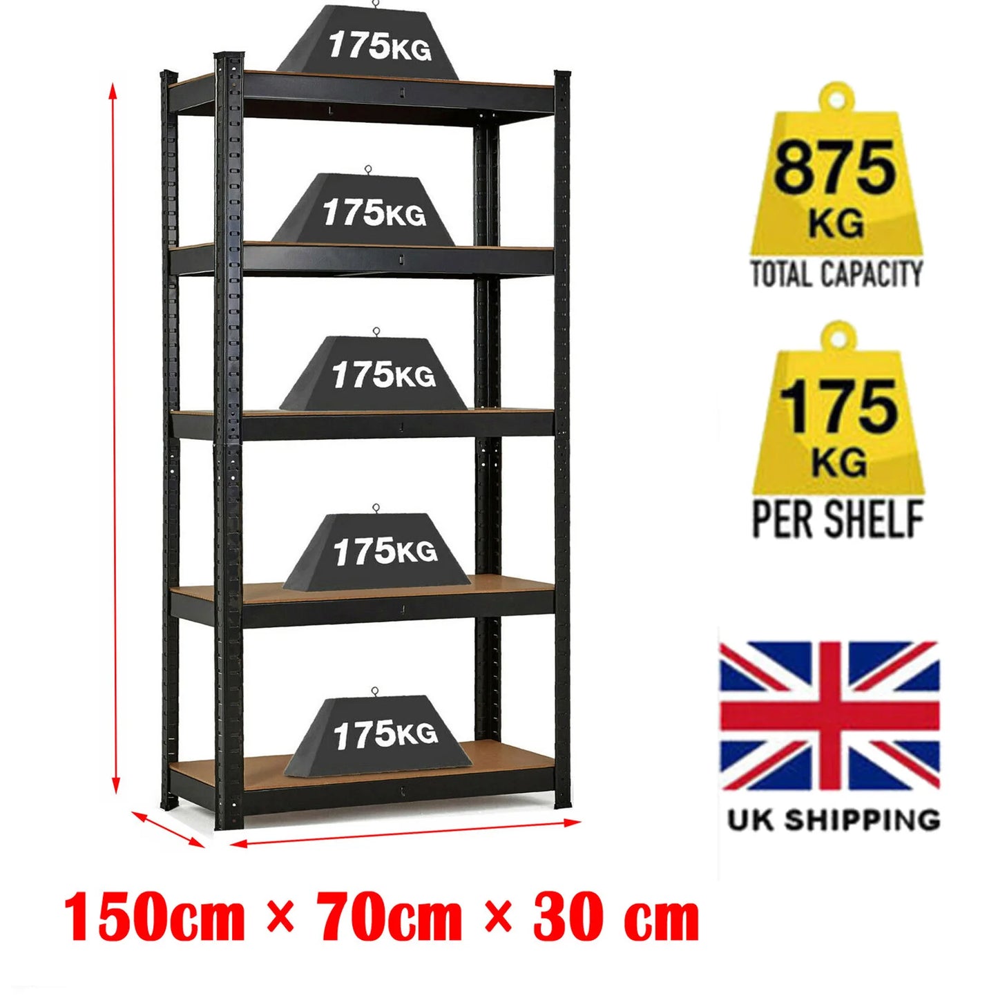 5 Tier Metel Garage Shelf Unit 150x70x30cm, Heavy Duty, Boltless Design, for Warehouse Workshop Office, 875kg Total Capacity