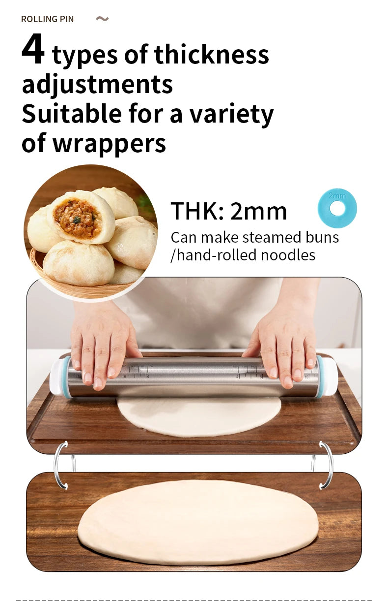 13.78 Inch Stainless Steel Adjustable Rolling Pin with 4 Thickness Removable Rings Dough Roller for Pizza Cookie Baking Tools