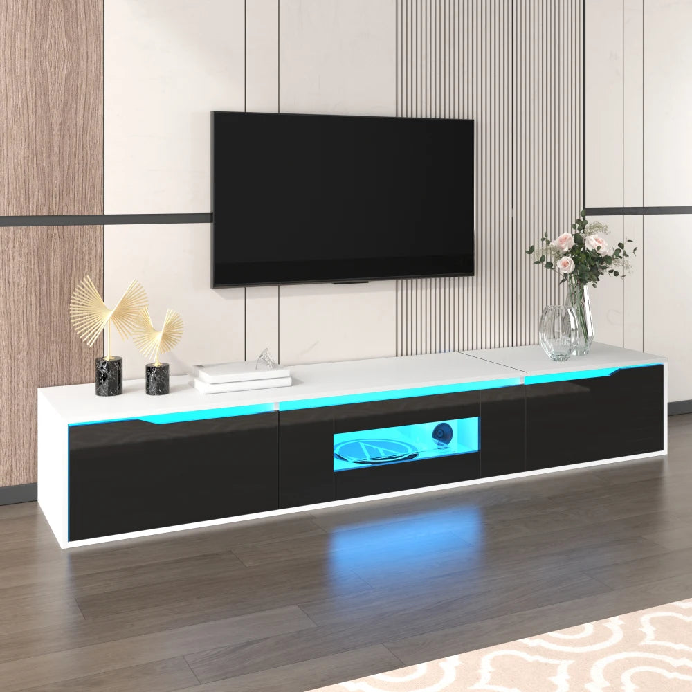 PINGGO TV cabinet, high-gloss TV cabinet, matching colours in white and high-gloss black, with colour-changing LED lights
