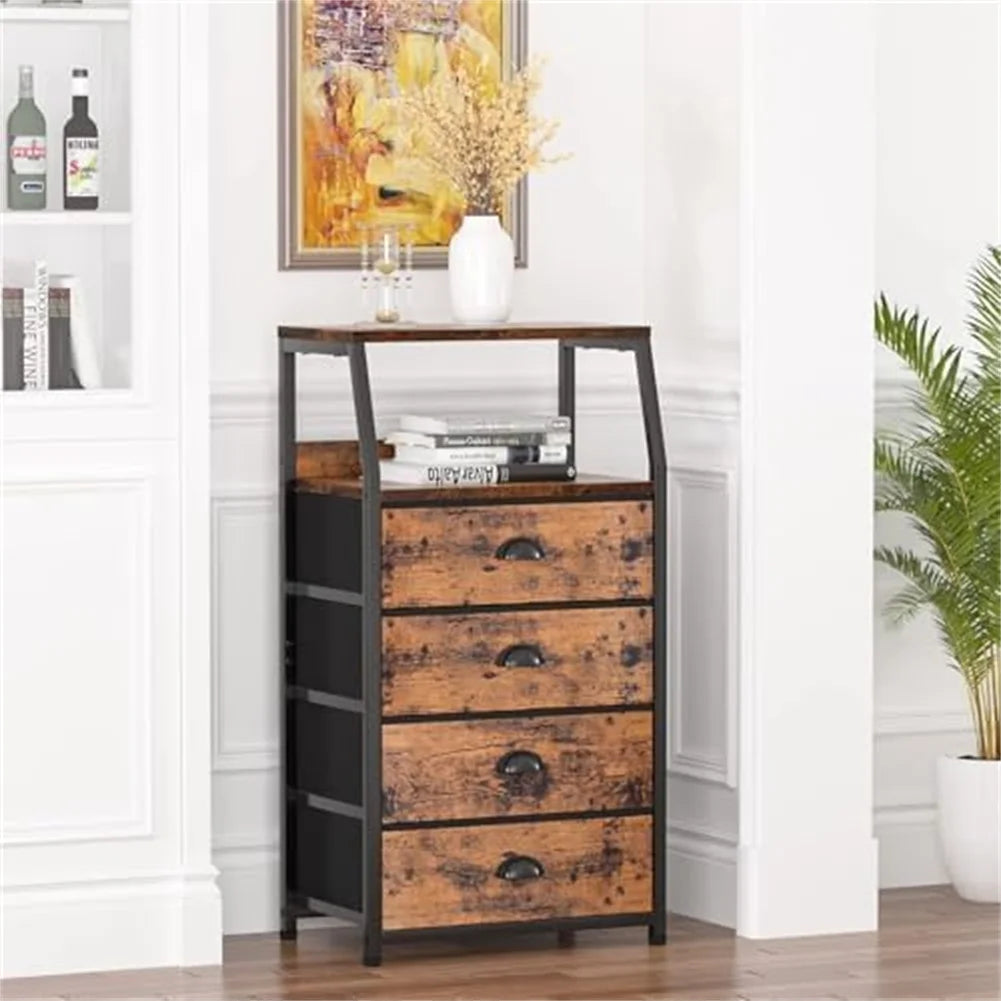 Bedside Table Side End Table with 4 Drawers & Open Shelf Nightstand Chest of Drawers Storage Unit for Living Room, Bedroom