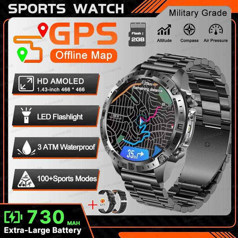 New TANK Military GPS Offline Map Smart Watch 730mAh 3 ATM Waterproof Sports Compass Heart Rate 2GB HD Bluetooth Call SmartWatch