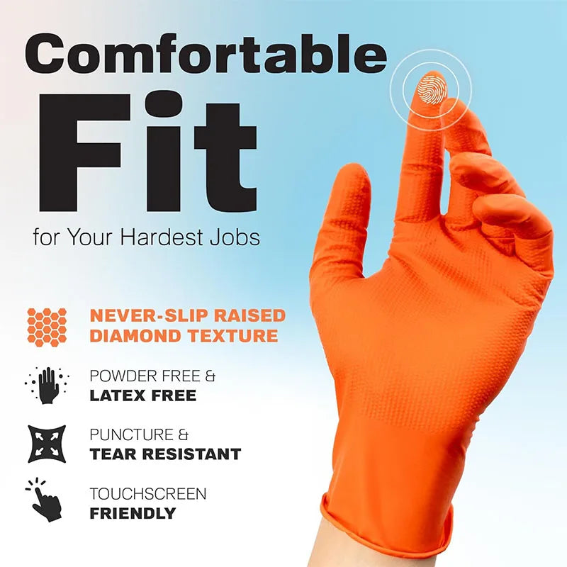 Heavy Orange Disposable Nitrile Extra Thick Gloves 8.5 Mil -Powder-Free Puncture-Resistant Protection-Diamond-Texture Work Glove