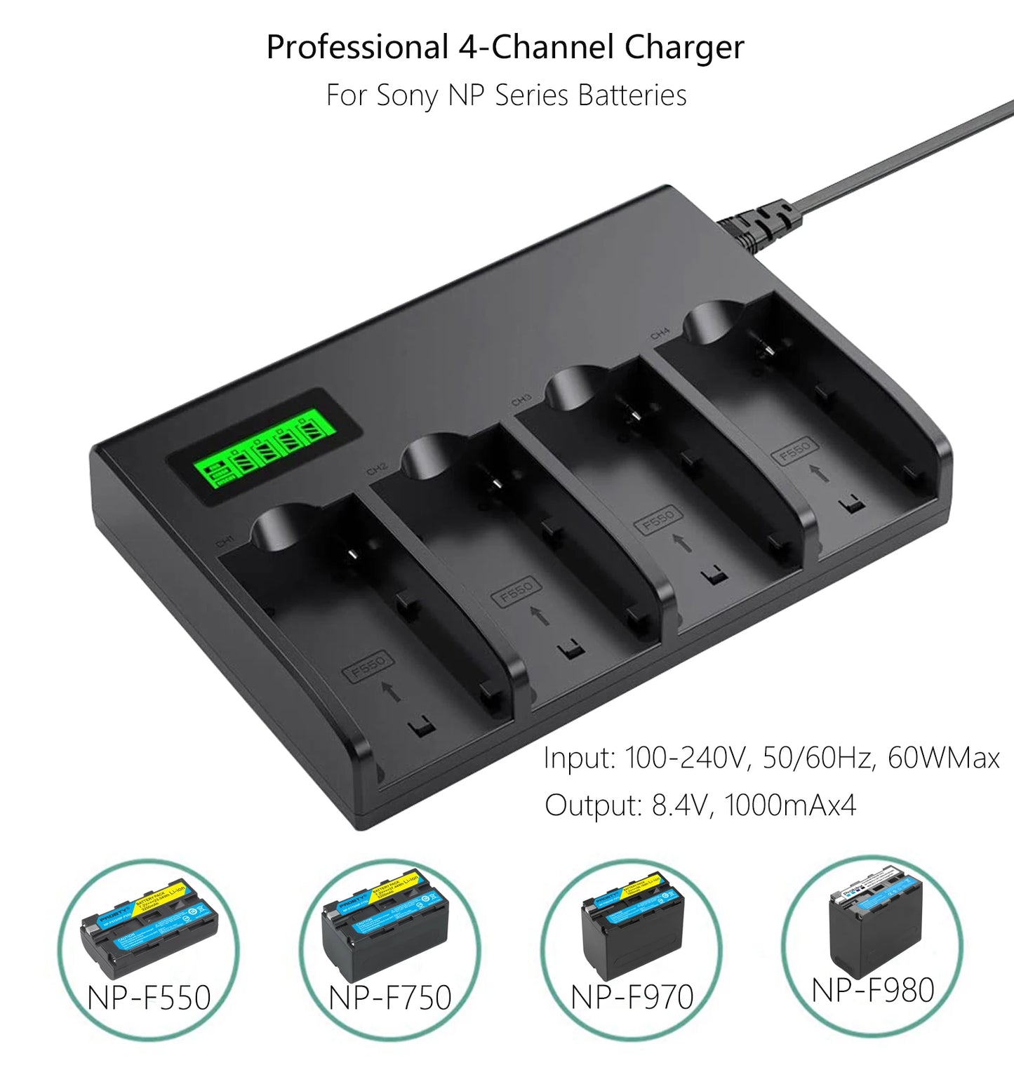 NP F960 NPF970 NP-F970 4-Channel Digital Camera Battery Charger w LCD Display for Sony NP-F550 F750 F950