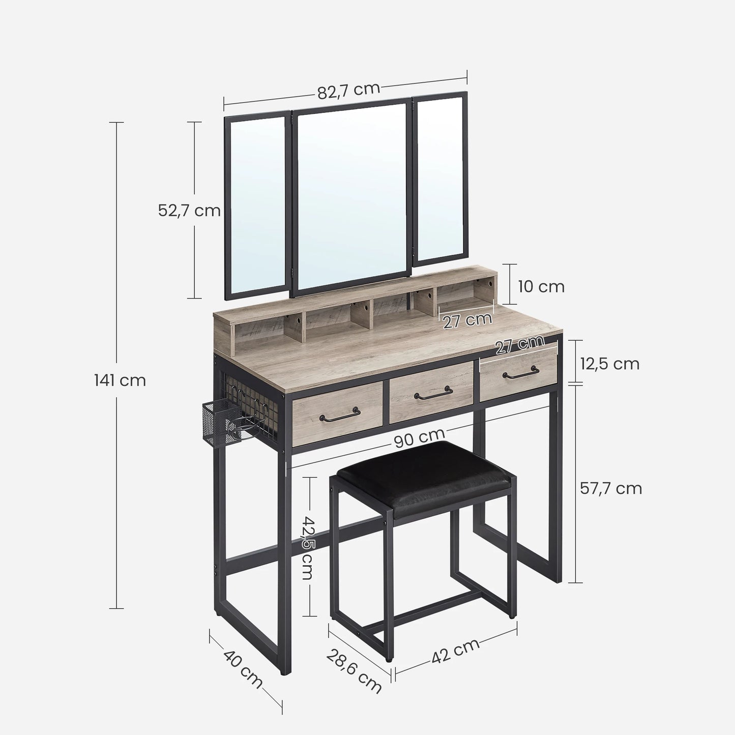 VASAGLE Dressing table with 3-piece folding mirror, hair dryer holder, cosmetic table with padded stool, 3 drawers