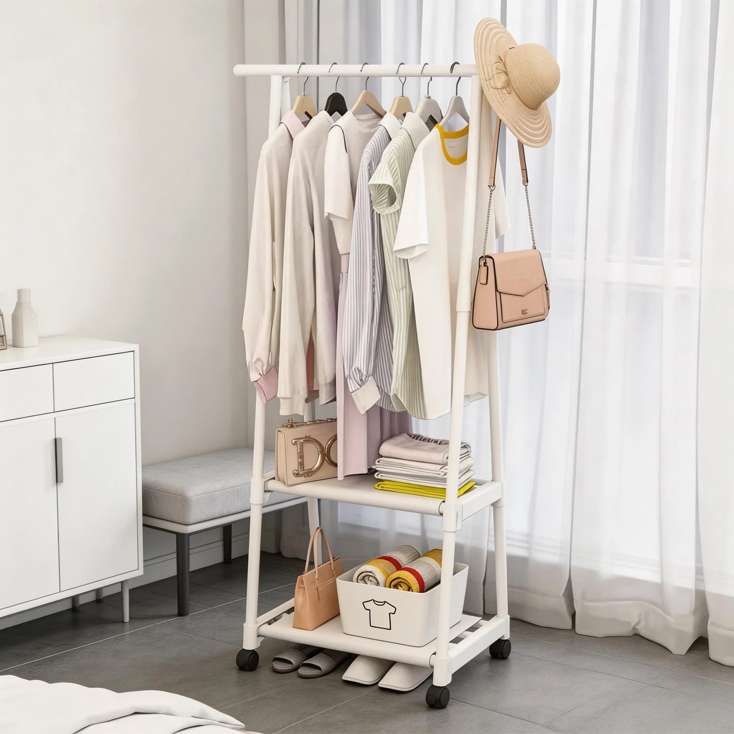 Multifunctional Coat Rack Movable Bedroom Clothes Hanger Stand Simple Coat Storage Shelf Space-saving Clothes Organizer Rack