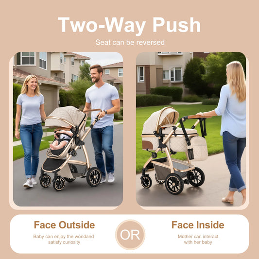 3 in 1 Prams Travel System, Pushchair with Height Adjustable Handle, Travel Pram with Mosquito Net, Baby Stroller with Aluminum
