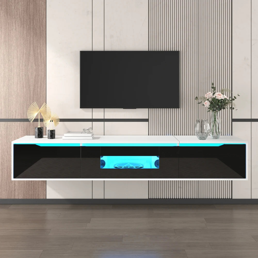 PINGGO TV cabinet, high-gloss TV cabinet, matching colours in white and high-gloss black, with colour-changing LED lights