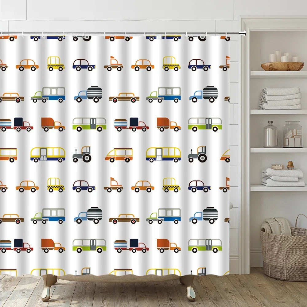 Cartoon Car Bathroom Decor Set Teens Transportation Car Shower Curtain for Kid Boy Girl Truck Bus Taxi Bath Mat Rug Toilet Cover