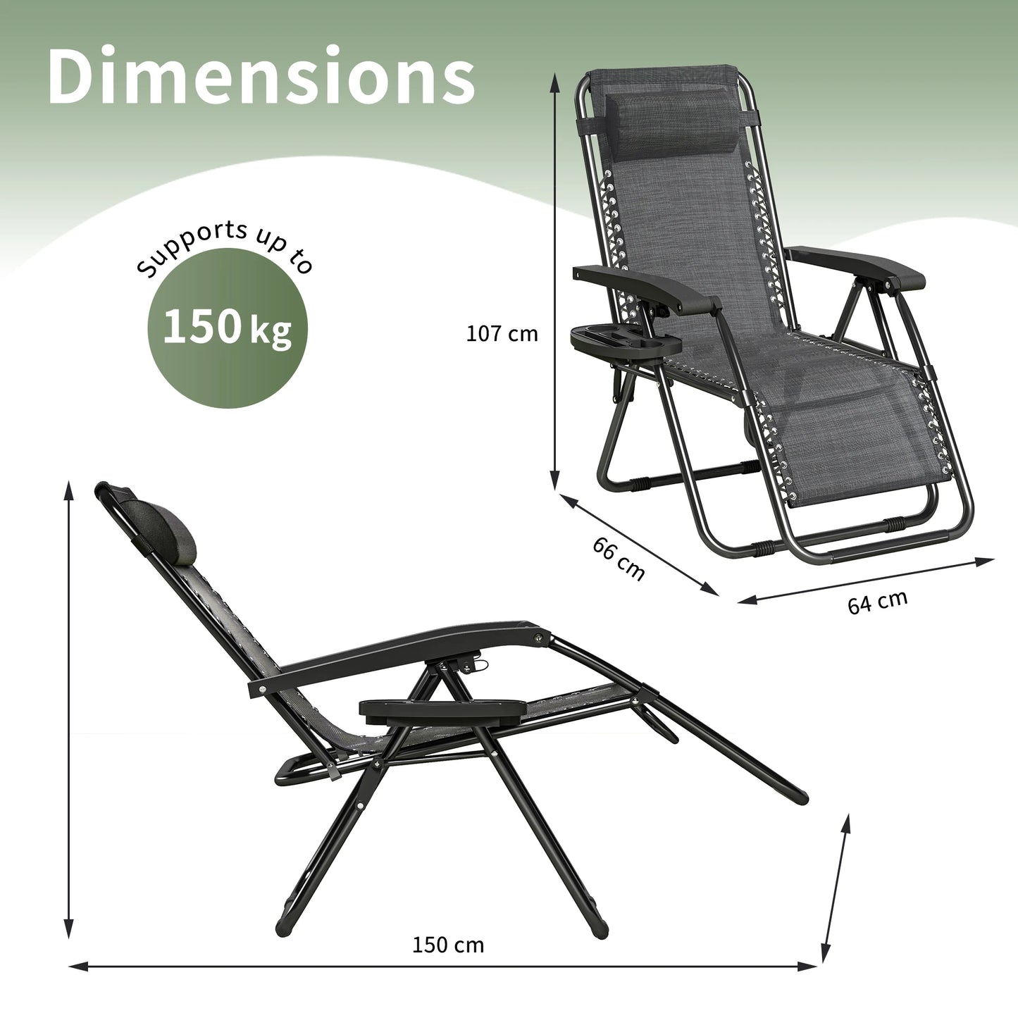 Zero Gravity Reclining Chair Set of 2 – Folding Outdoor & Garden Chairs with Textilene Fabric, Cup Holder and Headrest Pillow