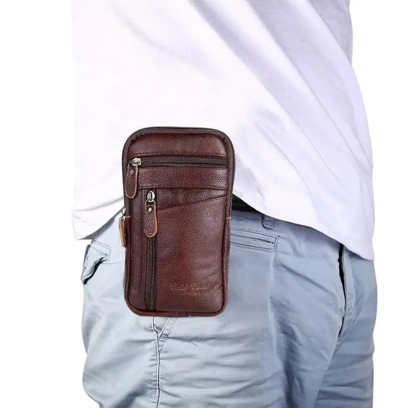 Leather Waist Bag Men's Mobile Phone Bag Wearing Belt Outdoor Sport One Shoulder Small Bag Doing Business Crossbody Bags