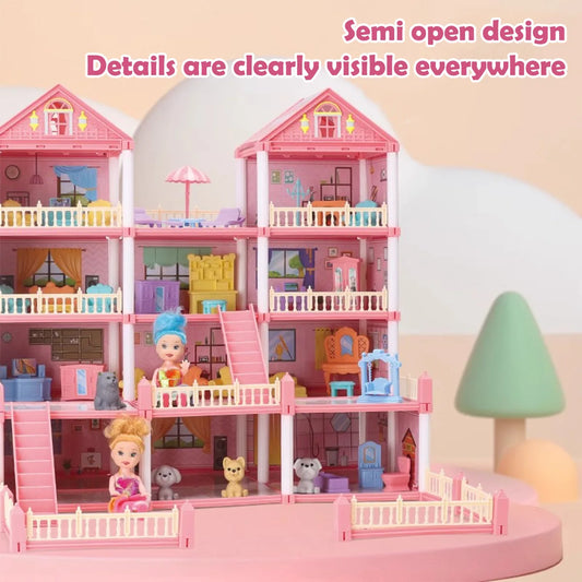 Girl Doll House Toy 3d Assembly Dollhouse Diy Mini Toy Accessories Villa Princess Pink Castle Children Pretend Birthday Gift