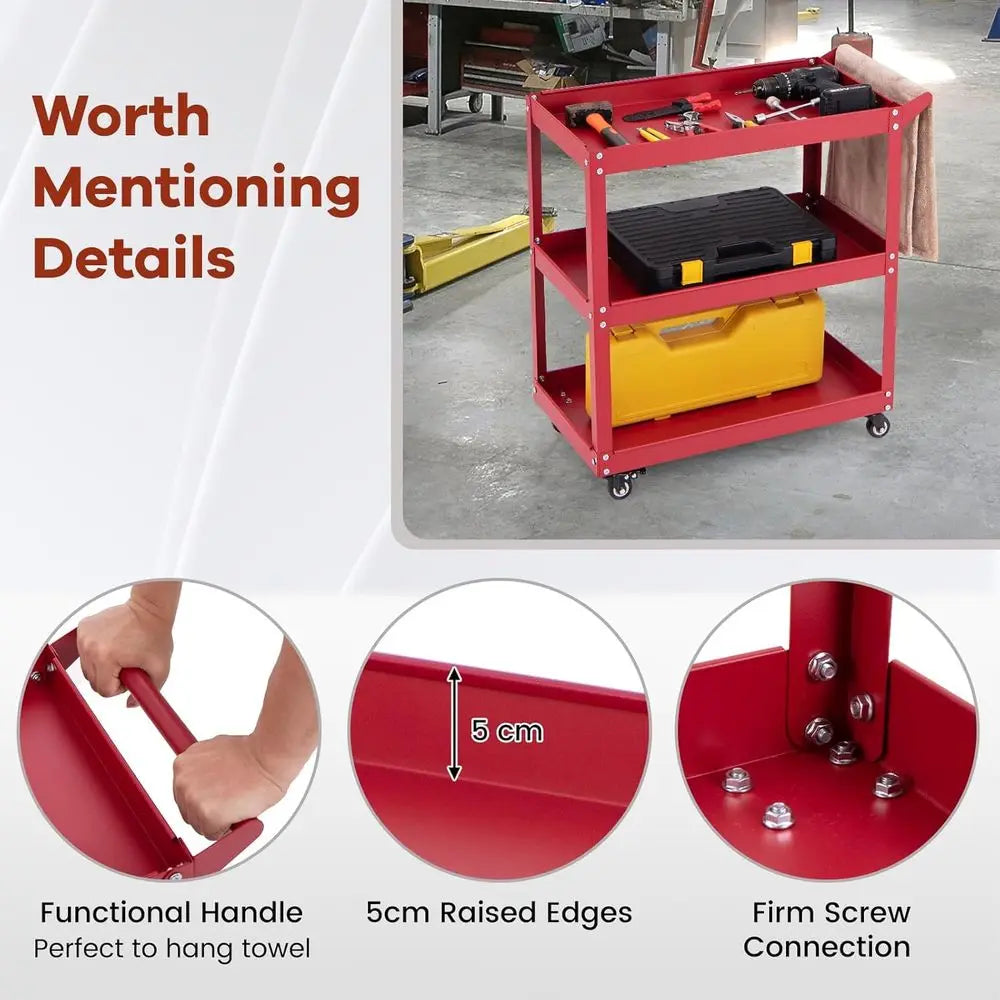 Sturdy 3-Tier Metal Tool Cart with Lockable Wheels, Red - Ideal for Workshop, Garage, Kitchen Storage
