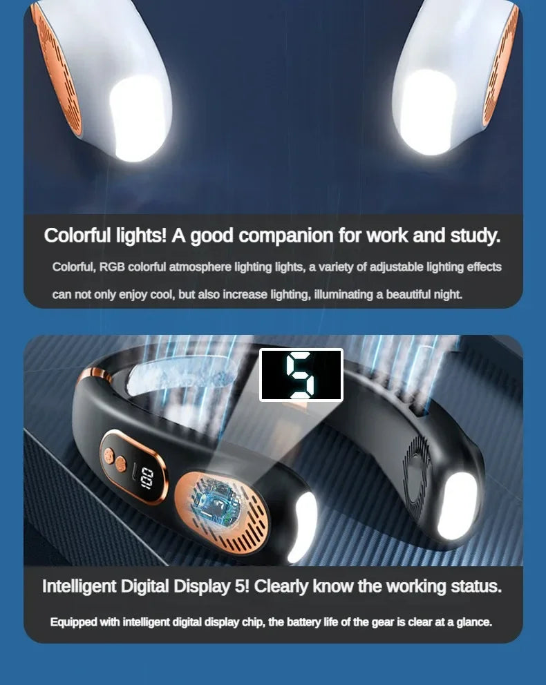 Personal Fan with LED Indicator, USB-C Charging, Long-Lasting 4000mAh Battery, Hands Free Bladeless Fan with 5 Adjustable Speeds