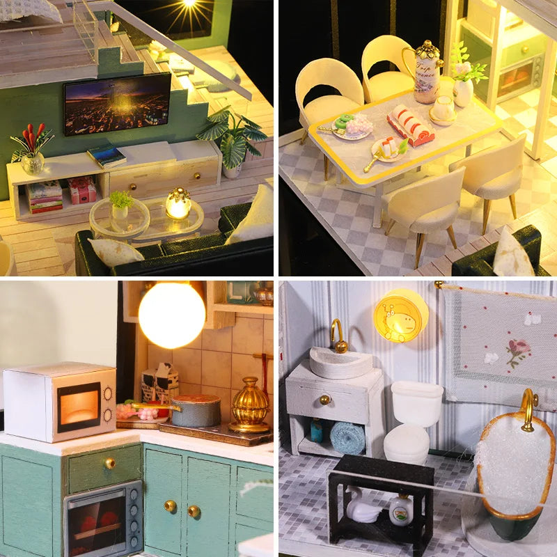 DIY Wooden Doll House Handmade Duplex Apartment Production 3D Puzzle Assembly Building Duplex Apartment Model Toy Children Gifts