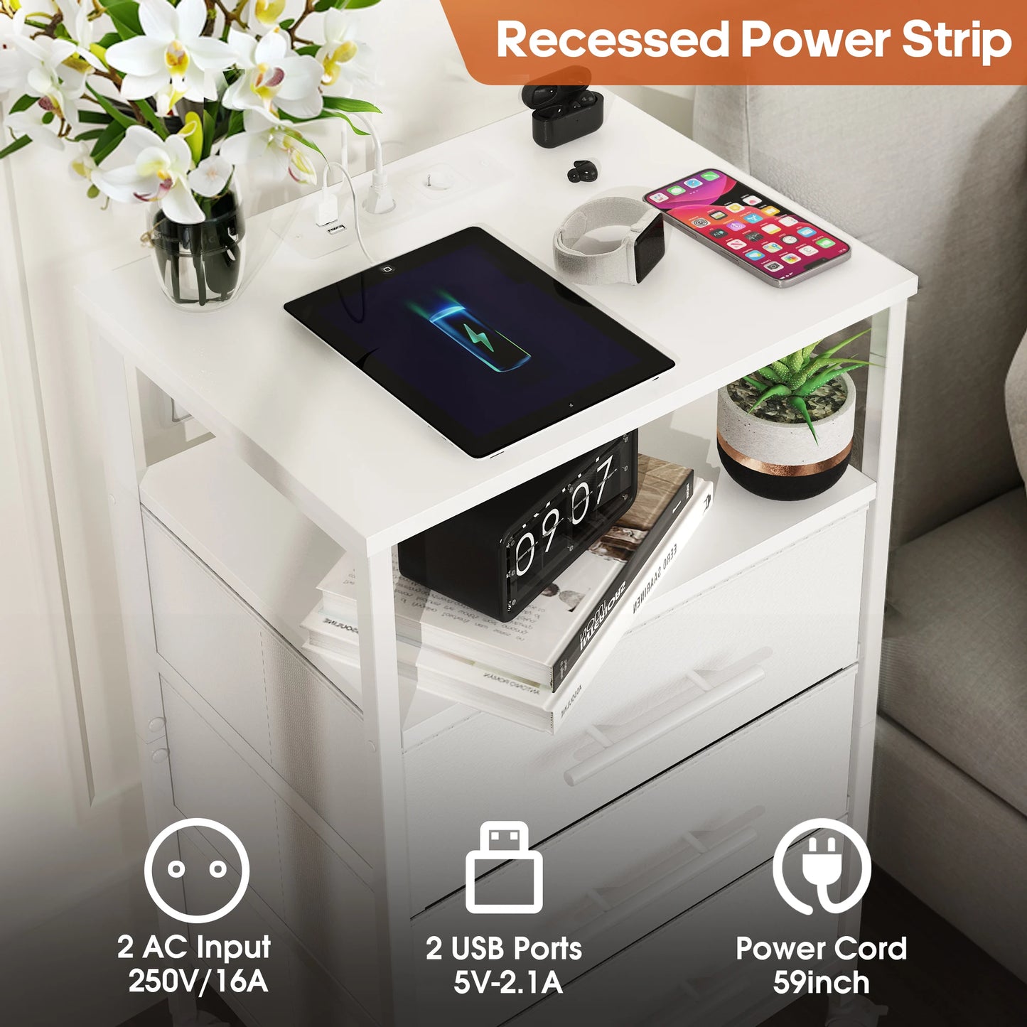 Bedside Table With Charging Station Nightstand With 2 Outlets And 2 USB Ports With 4 Castors