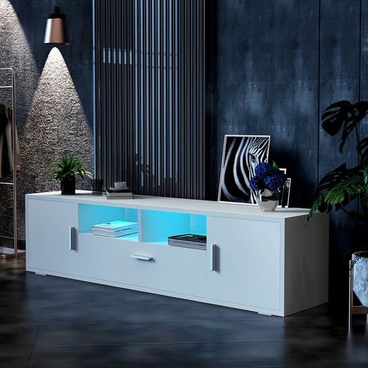 160cm Wide Modern White High-Gloss TV Stand Cabinet with RGB LED (16-Color RGB) & Shelves - Heavy-Duty TV Unit for 65-85