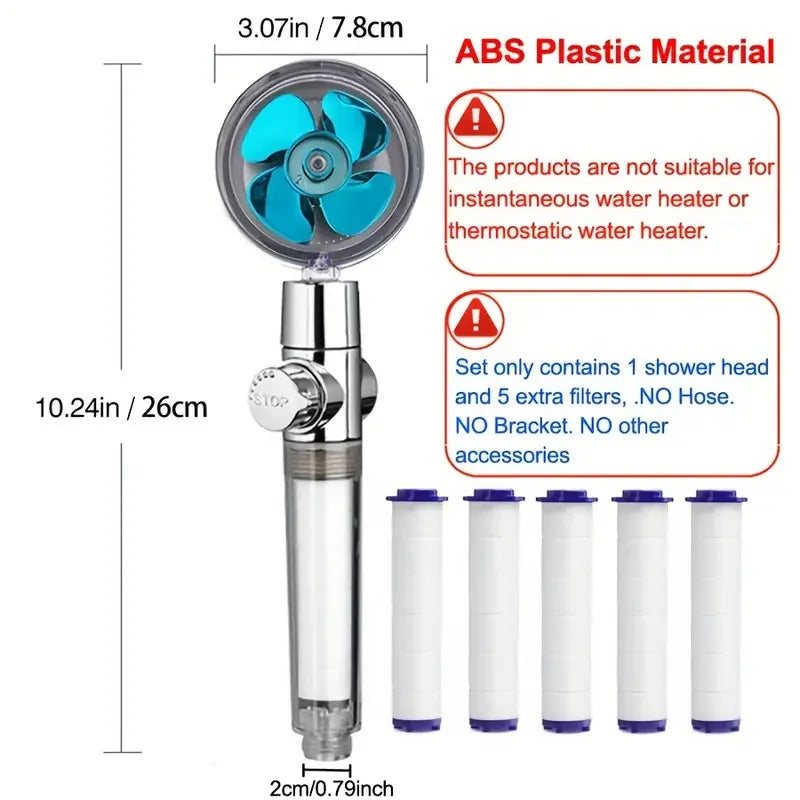360° Rotating Turbine Fan Handheld Shower Head High Pressure Water Saving Spray Shower Filter Bathroom Accessories