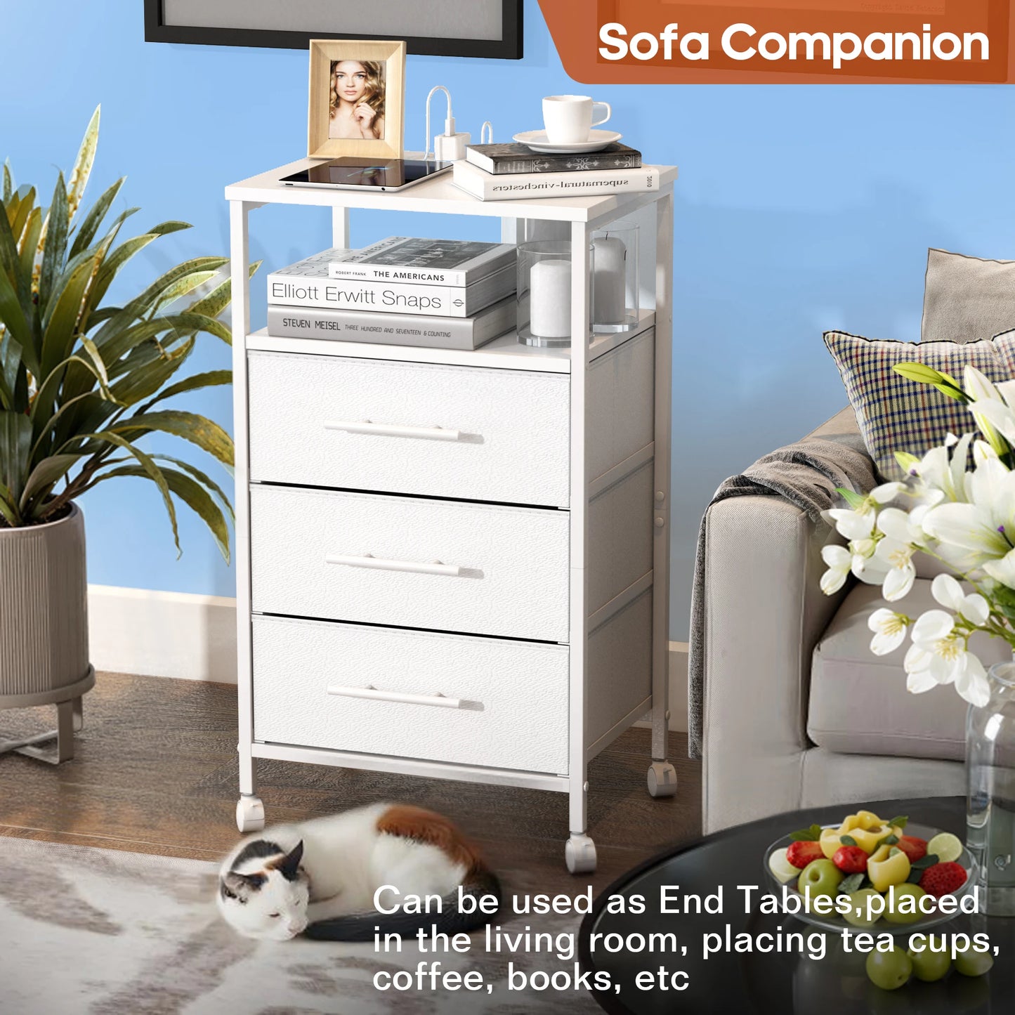 Bedside Table With Charging Station Nightstand With 2 Outlets And 2 USB Ports With 4 Castors