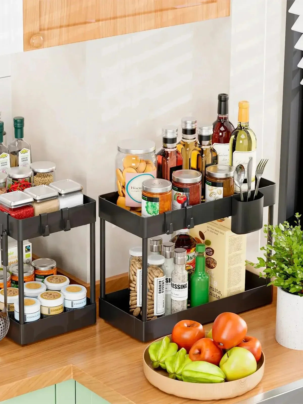 2-Tier Pull Out Under Sink Organizer, Storage Rack with Hooks & Cups, Space Saving Slide-Out Shelf for Kitchen Bathroom Cabinet