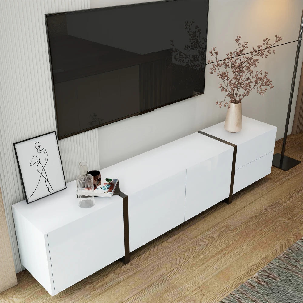 PINGGO TV cabinet, white high-gloss cabinet and black contrasting table legs, with simple cabinet doors and drawers.