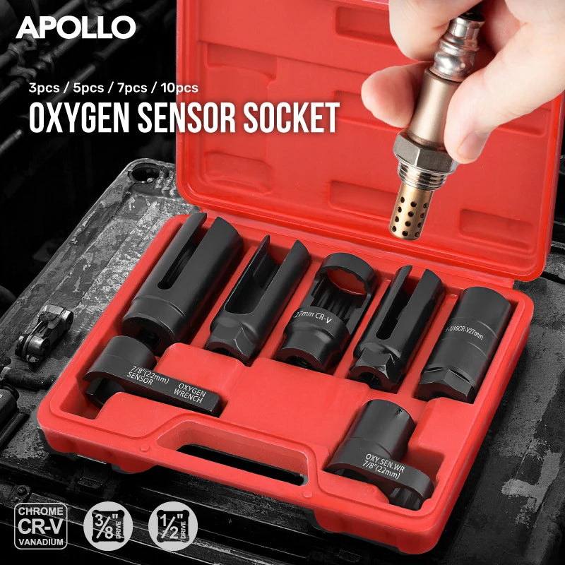 APOLLO 3/5/7/10PC Universal O2 Oxygen Lambda Sensor Socket Wrench Tool Remover Installer Set Box Oxygen Sensor Removing Tool Kit