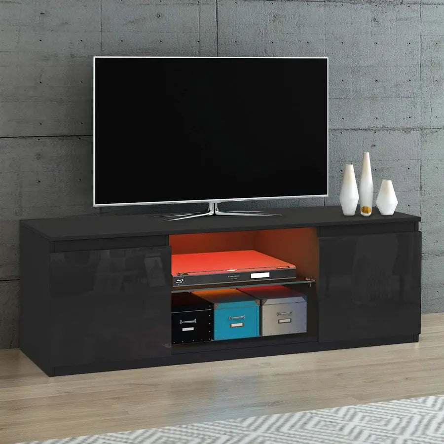 LED TV Unit Cabinet Stand for 55 Inch TV, Modern High Gloss TV Cabinet with RGB LED Lights, 2 Door Storage Sideboard Entertainm