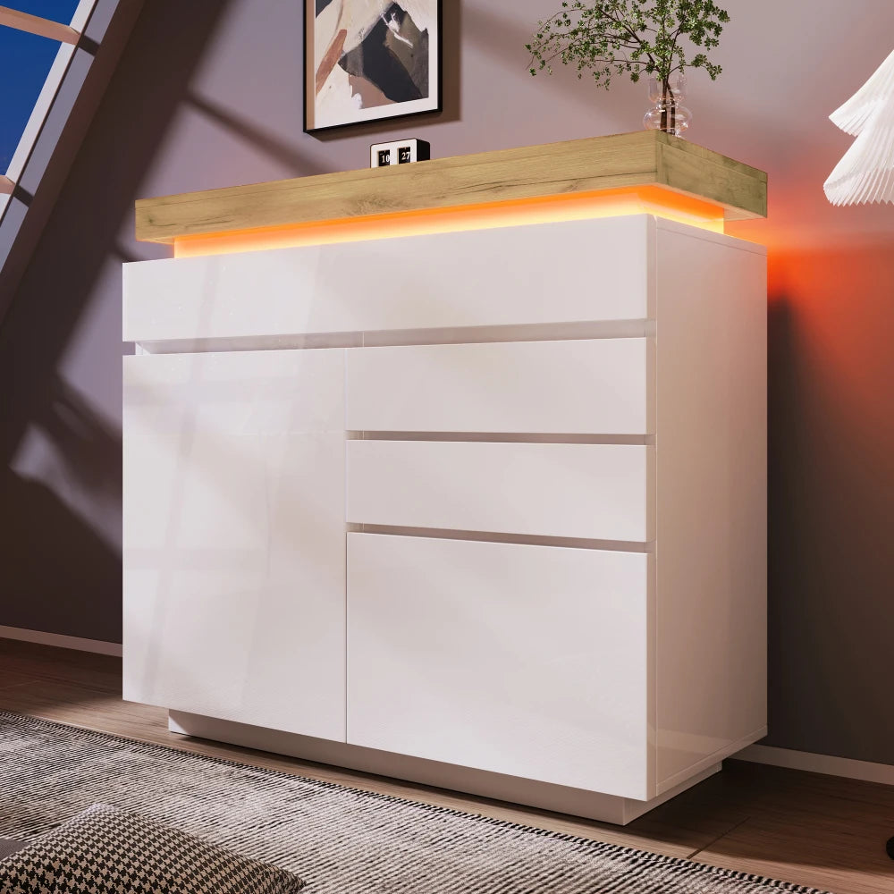 PINGGO Chest of Drawers,High-gloss Sideboard Cabinet with 2 Doors and 3 Drawers,Storage with RGB LED,115 x 110 x 39 cm, White