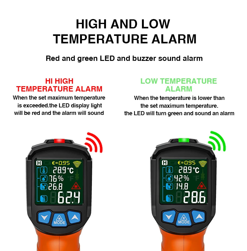 Digital Infrared Thermometer Non-contact Pyrometer Laser Temperature Meter Imager Hygrometer IR Termometro Color LCD Light Alarm