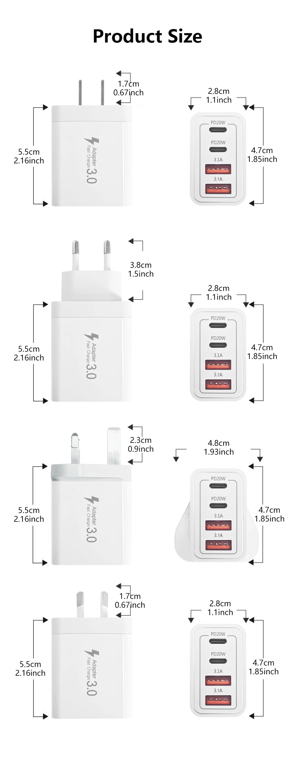 EU/UK/US/AU Wall Plug Multi-Port USB-C/USB-A Mobile Phone Charger, 40W Dual PD Fast Charging Block Adapter for iPhone, Xiaomi