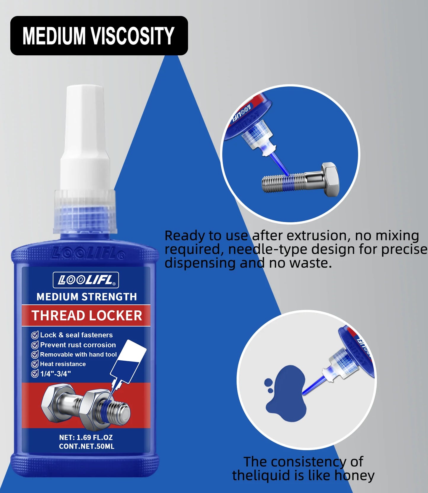 LOOLIFL Blue Thread Locker 243 Nuts-Bolts Locker, Screw Adhesive Lock Tight Seal Fasteners Anaerobic Curing Metal Glue,Rustproof